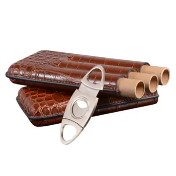 

Leather Cigar Tube Case With Stainless Steel Cutter Portable Brown Crocodile Pattern Storage Box Easy To Carry Quick Delivery