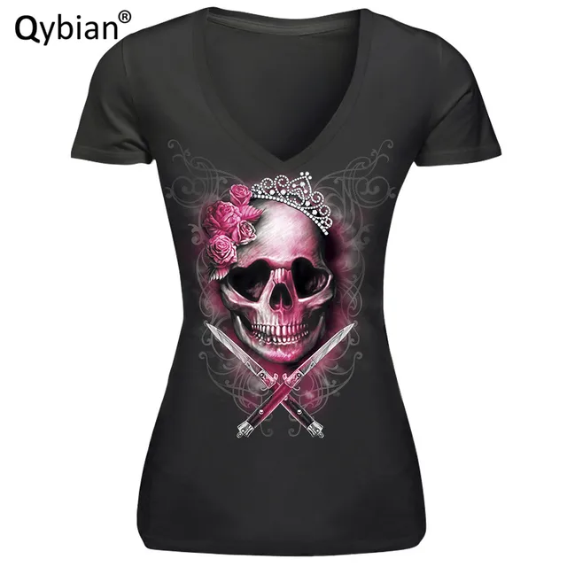 US $8.46 Cool summer women t shirt women Good quality comfortable brand casual tops V neck Crown skull head 