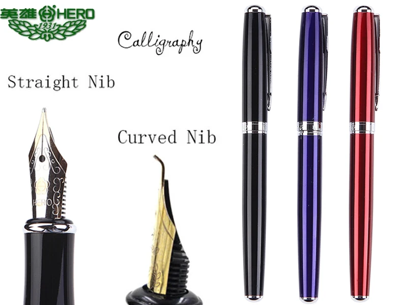 

0.7/1.0 Calligraphy Fountain Pen HERO 1512 art pens Curved Nib / Straight nib 3 colors to choose FREE SHIPPING