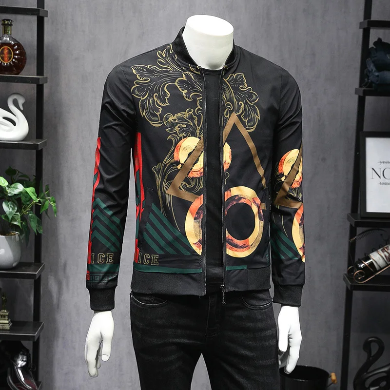 2019 Autumn Casual Fashion Jacket Men Gold Print High Quality Men's Streetwear Coat Slim Fit Stand Jackets Windbreaker Clothes 2019 Autumn Casual Fashion Jacket Men Gold Print High Quality Men's Streetwear Coat Slim Fit Stand Jackets Windbreaker Clothes