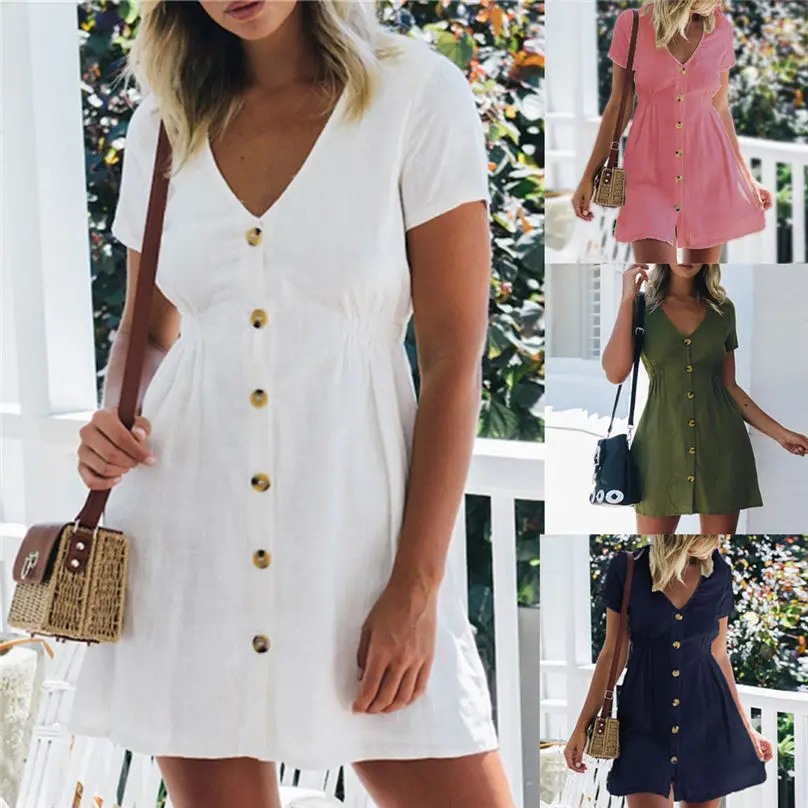 

2019 Womens Casual Solid V Neck Button Down Loose Short Sleeve Mini Dresses Summer Dress mini vestidos mujer elegant #3A17