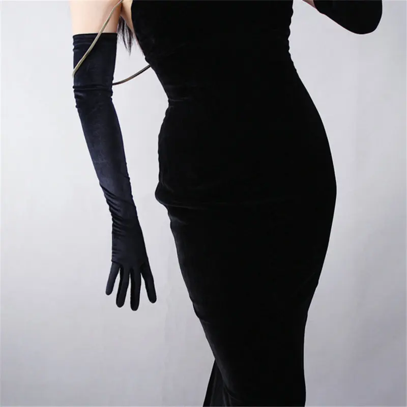 

Black Velvet Women Gloves 60cm Long Vintage High Elasticity Evening vestido Gloves Fashion Elegant Lady Mittens TB20