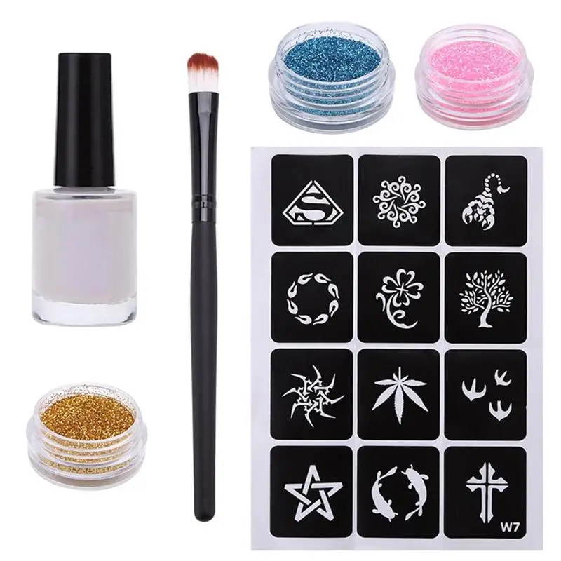 Glitter Tattoo Kit Body Temporary Tattoo 12 Stencils 3 Powder Tattoos