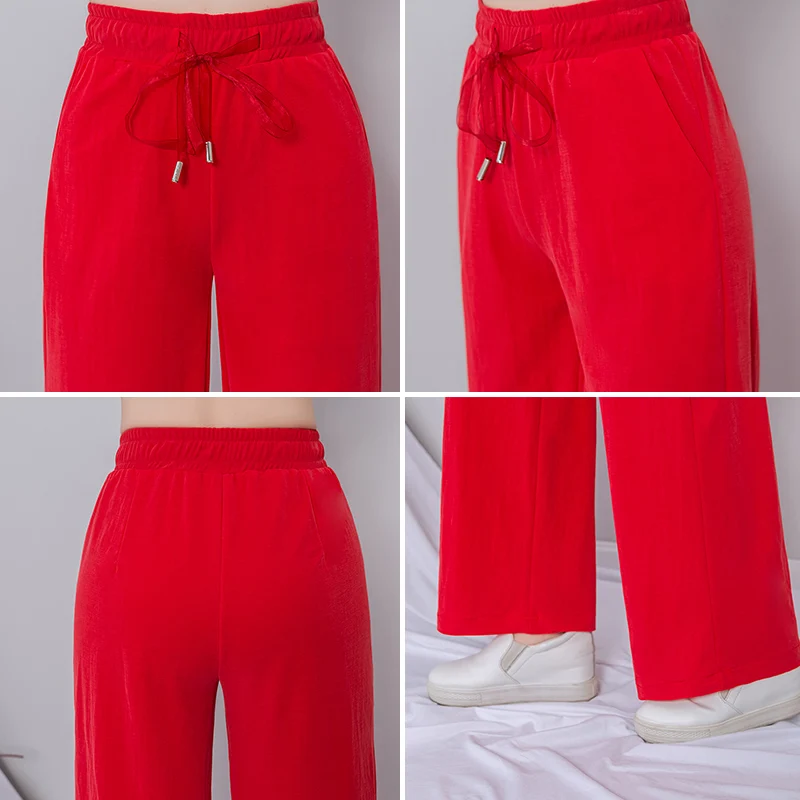 Красные широкие брюки для женщин летние новые с высокой талией свободные со шнуровкой джоггеры брюки женские с эластичной талией корейские спортивные штаны для бега