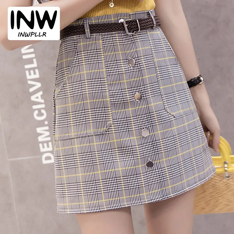 

2018 New Women Skirts Plaid Mini Skirt Female Falda Buttons High Waist Saia Femininas Single Breasted Jupe Femme Skirts Tartan