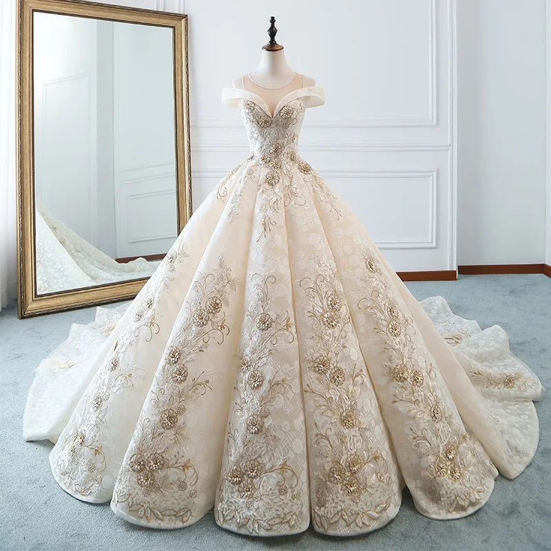 Us 2882 45 Offluxury Wedding Dress 2019 Robe Mariee Princesse Gold Embroidery Applique Patterns Bridal Gown Tail Bridal Dresses 2019 Ts138 In