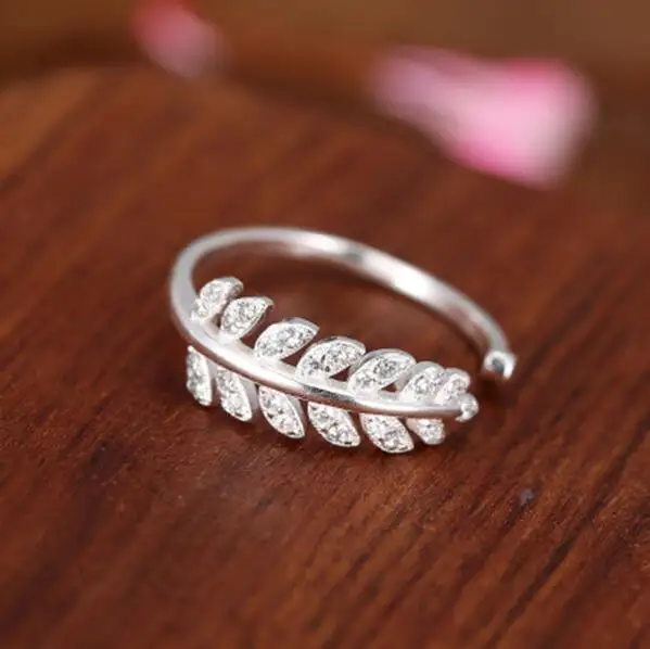 

2017 New Arrivals Pure 925 Sterling Silver Crystal Leaf Rings for Women Adjustable Size Ring Fashion sterling-silver-jewelry