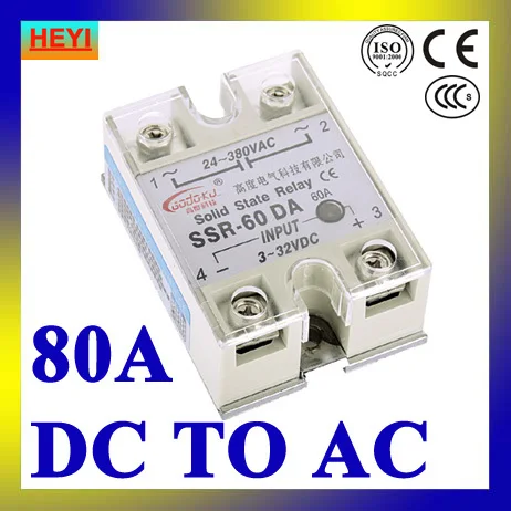 

SSR 80DA DC to AC single phase solid state relay SSR-80DA Input 3-32V DC Output 24-380V AC