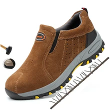 Мужская Уличная обувь из дышащей замши со стальным носком, нескользящая рабочая обувь, Мужская прокалывающая защитная обувь, противоскользящая