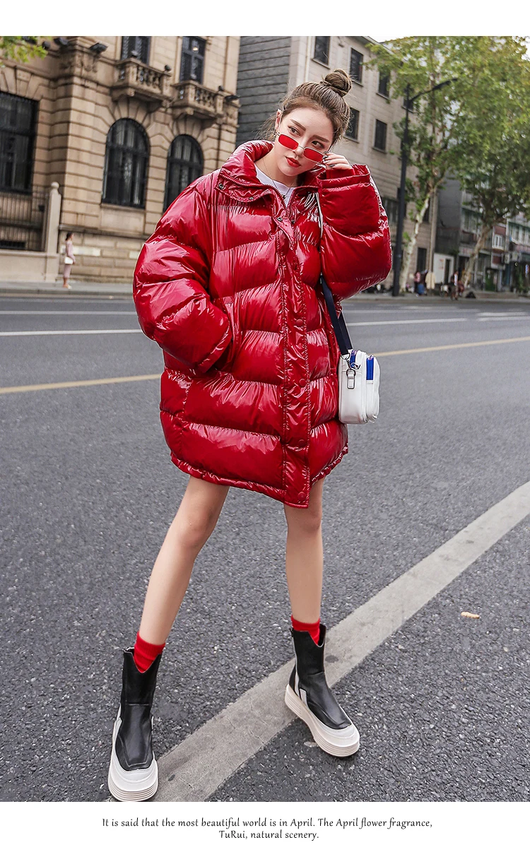 Плюс Размер Свободный пуховик женская одежда зимнее пальто толстая теплая хлопковая парка Корейская яркая металлическая красная верхняя одежда Okd646