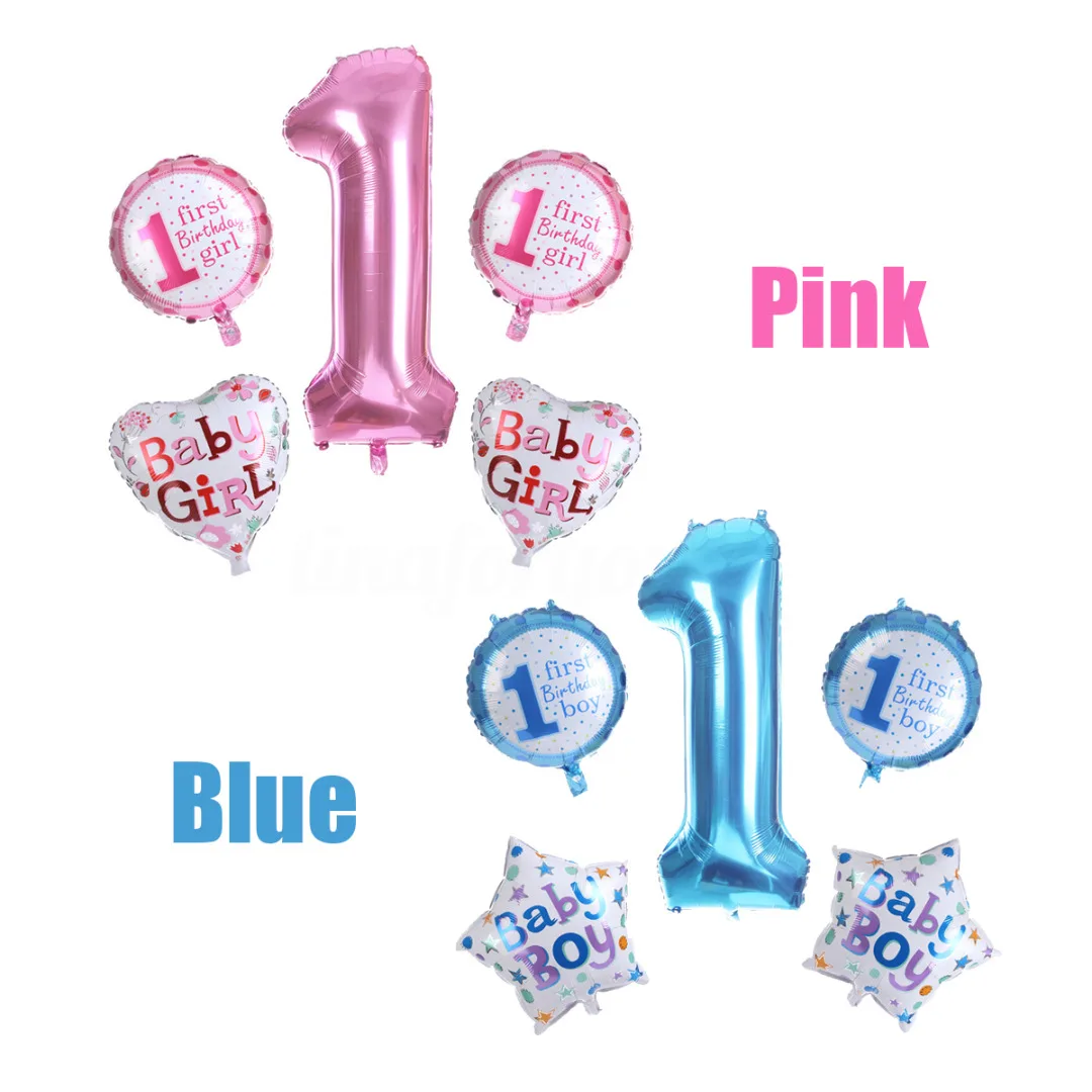 5Pcs Happy Age 1st Birthday Number Helium Foil Balloon Baby Party Decor Boy Girl Blue/Pink