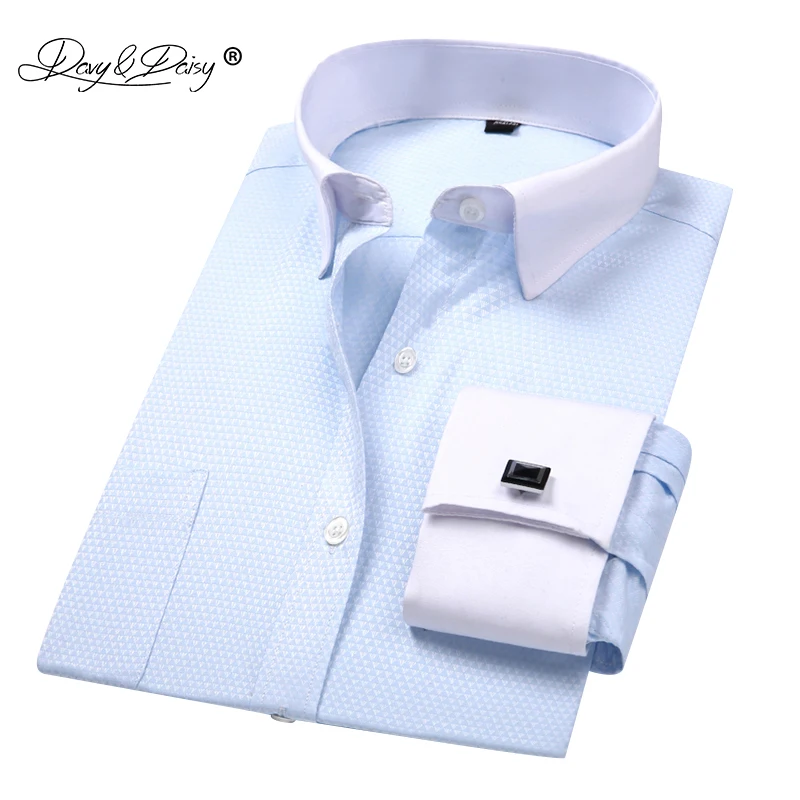 Achat DAVYDAISY 2018 Nouvelle Arrivée Français Manchette Hommes de Chemise Blanc Robe Chemise À Manches Longues Homme Formelle Solide Homme camisa masculin DS190