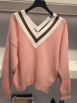 

Women's Knitted Sweater V-neck Long-Sleeved Color Matching Casual Knitwear Sweaters Pullover Tops
