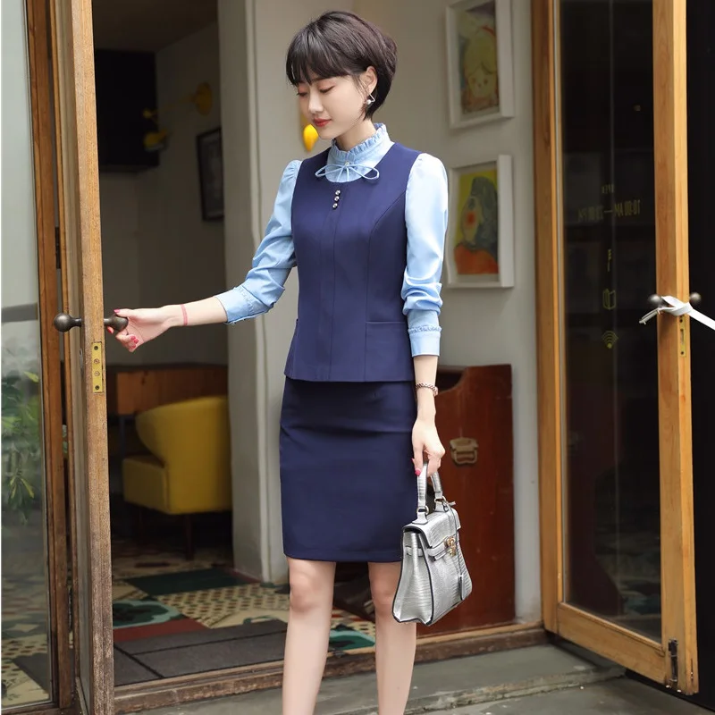 Navy Blue Formal Uniform Styles 2 Piece With Tops And Skirt For Ladies