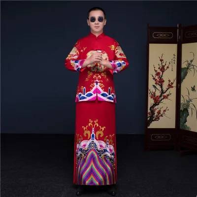 Жених Винтаж Свободные Cheongsam Традиционный китайский свадебное платье красный сатиновое платье-Ципао Вышивка Дракон костюм Vestido Oriental мужские - Цвет: RED DRESS