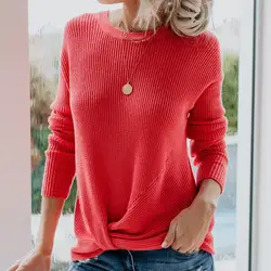 Осенний свитер с круглым вырезом, женский свитер, однотонный вязаный пуловер