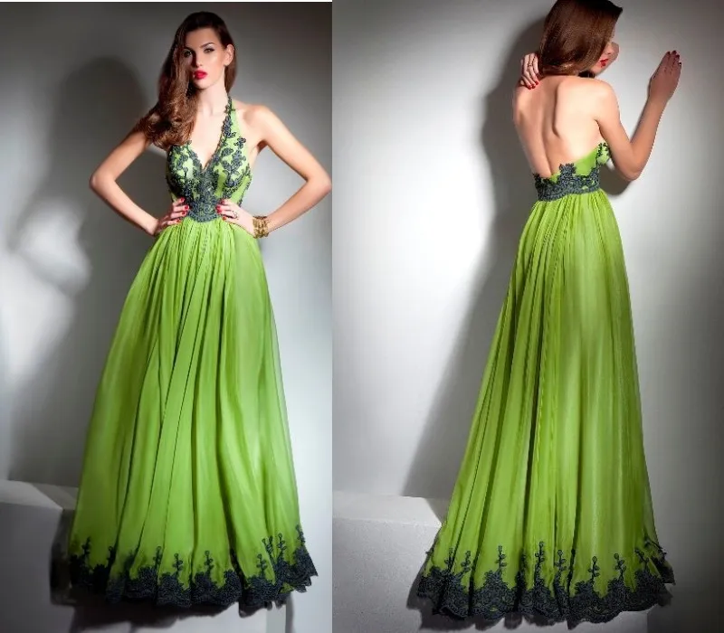 Bud Green A Line Chiffon Long Elegant Evening Dress Halter Appliques Backless Pleat Gowns 2015 Vestido De Festa | Свадьбы и