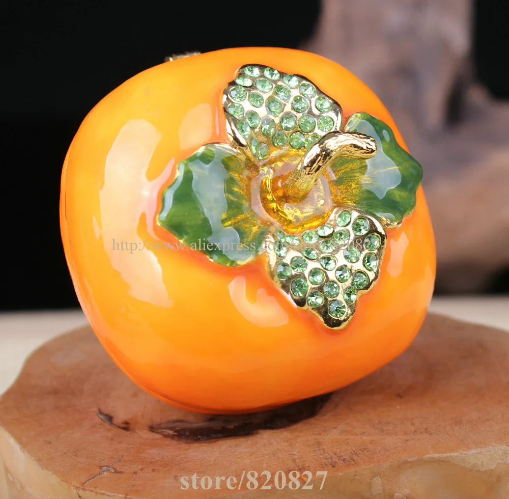 Plump Persimmon Metal Jewelry Box Green Rhinestones on Leaves Collection Metal Crafts Gifts for Family