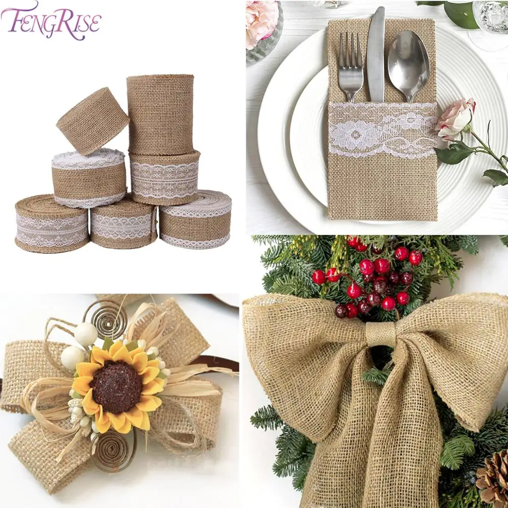 

FENGRISE 5M Natural Jute Burlap Hessian Lace Ribbon With Rustic Wedding Centerpieces Decoration DIY Handmade Craft Party Supply