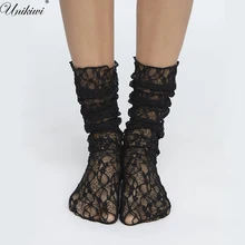UNIKIWI. Винтажные Женские Дышащие прозрачные кружевные носки с цветочным рисунком. Harajuku, женские ажурные носки в сеточку, ножные носки, Чулочные изделия