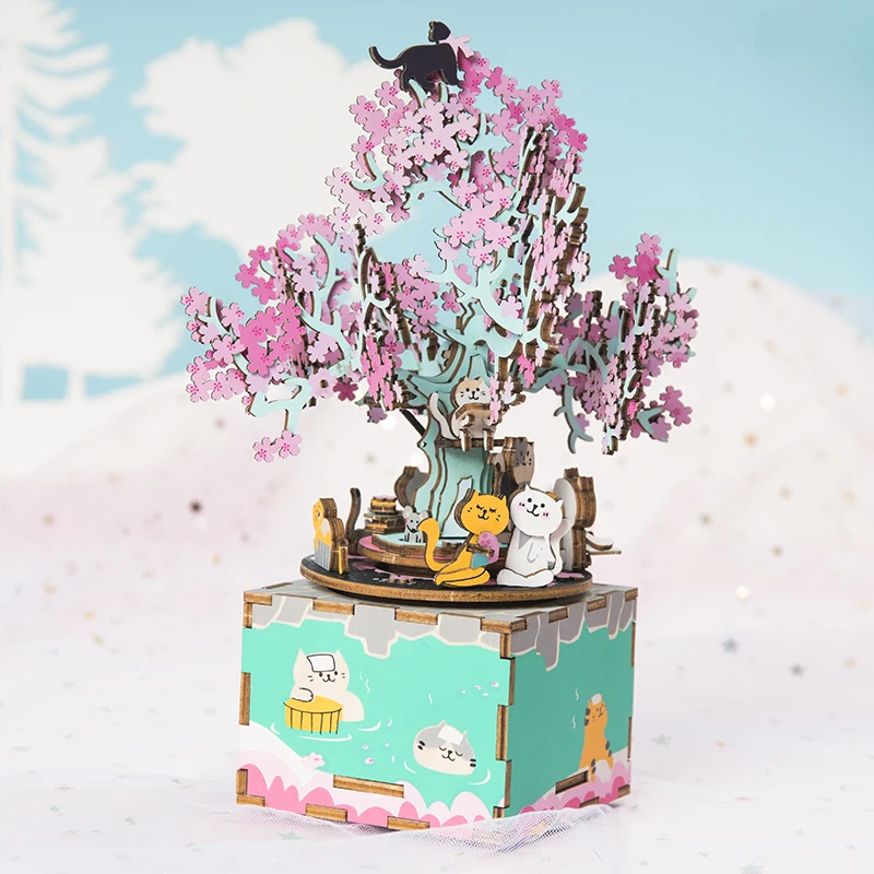 Kopen Robotime Diy Houten Blokken 148 Pcs 3D Houten Puzzel Kersenboom Kat Montage Muziek Doos Gift Speelgoed Voor Kinderen Kids volwassen AM409