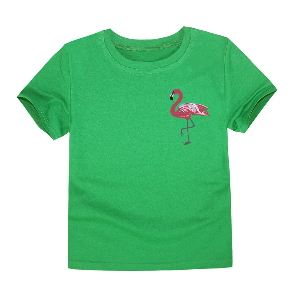 Новые брендовые футболки с 3d рисунком фламинго для маленьких девочек Детские футболки для команды школьная Повседневная е-образная Летняя женская кофта roupa menina для детей от 1 до 14 лет