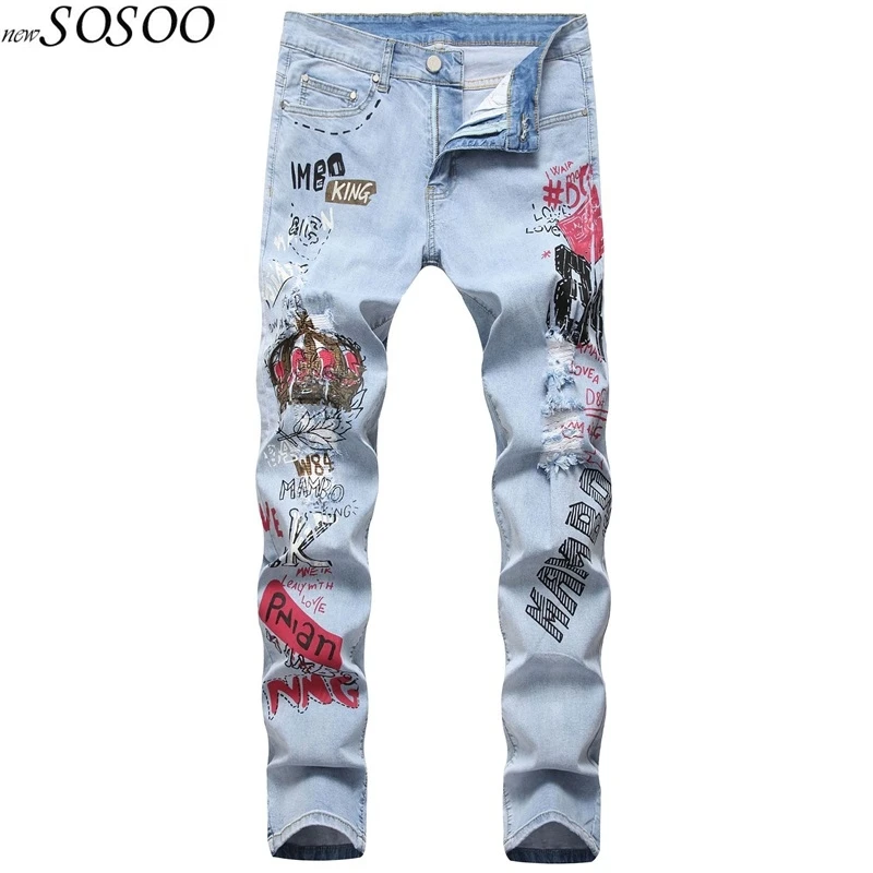 

New Style Blue Men Jeans Letter Printed Ripped Jeans For Men 100% Cotton High Quality Fashion Man's Jeans #027