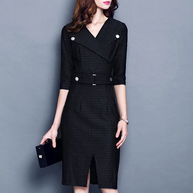 

2018 Autumn New European Women's Solid Color Waist Was Thin Temperament Five-point Sleeves Large Size Dress OL Female