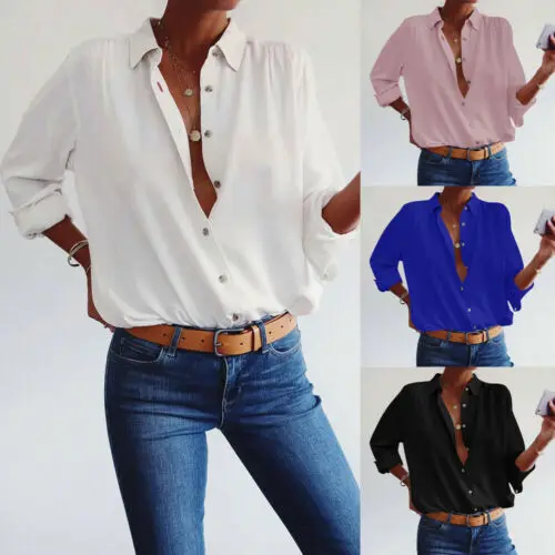 

2019 Sexy Women Summer Casual Long Sleeve Loose Lapel Shirts Blouse Tops