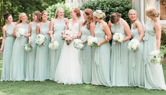 Зеленое Шифоновое Платье для подружки невесты с бретельками, длинная длина до пола, с оборками, с открытой спиной, богемные вечерние платья для подружки невесты - Цвет: Sage Green
