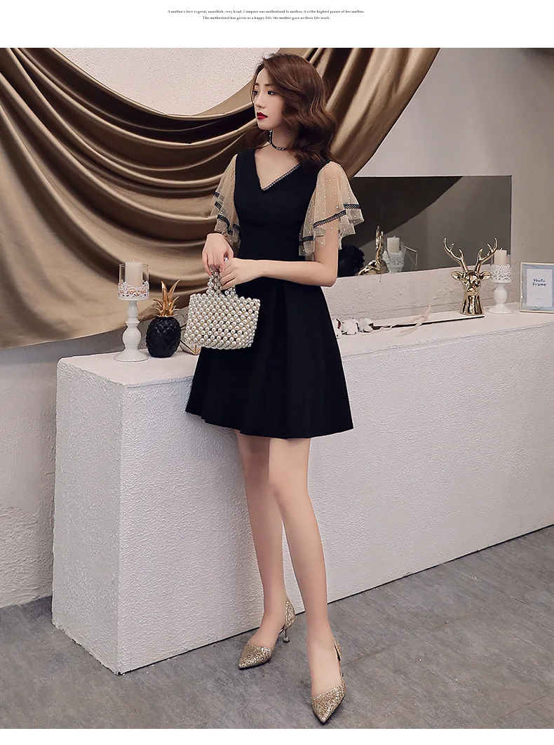 Вечернее женское платье, элегантное вечернее платье с v-образным вырезом, короткий рукав, платье для особых случаев, короткое черное платье ES2602