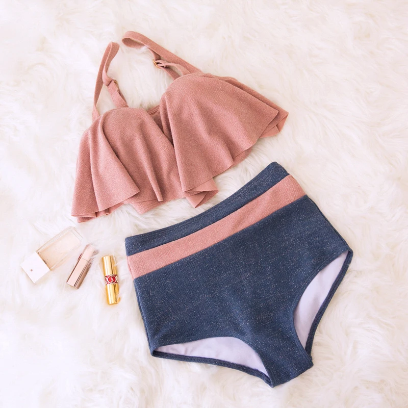 

2019 Women Two Pieces High Waisted Ruffle Bikini Set Solid Swimwear Bathing Suit Junior Bikini Swimsuits for Teen Girl