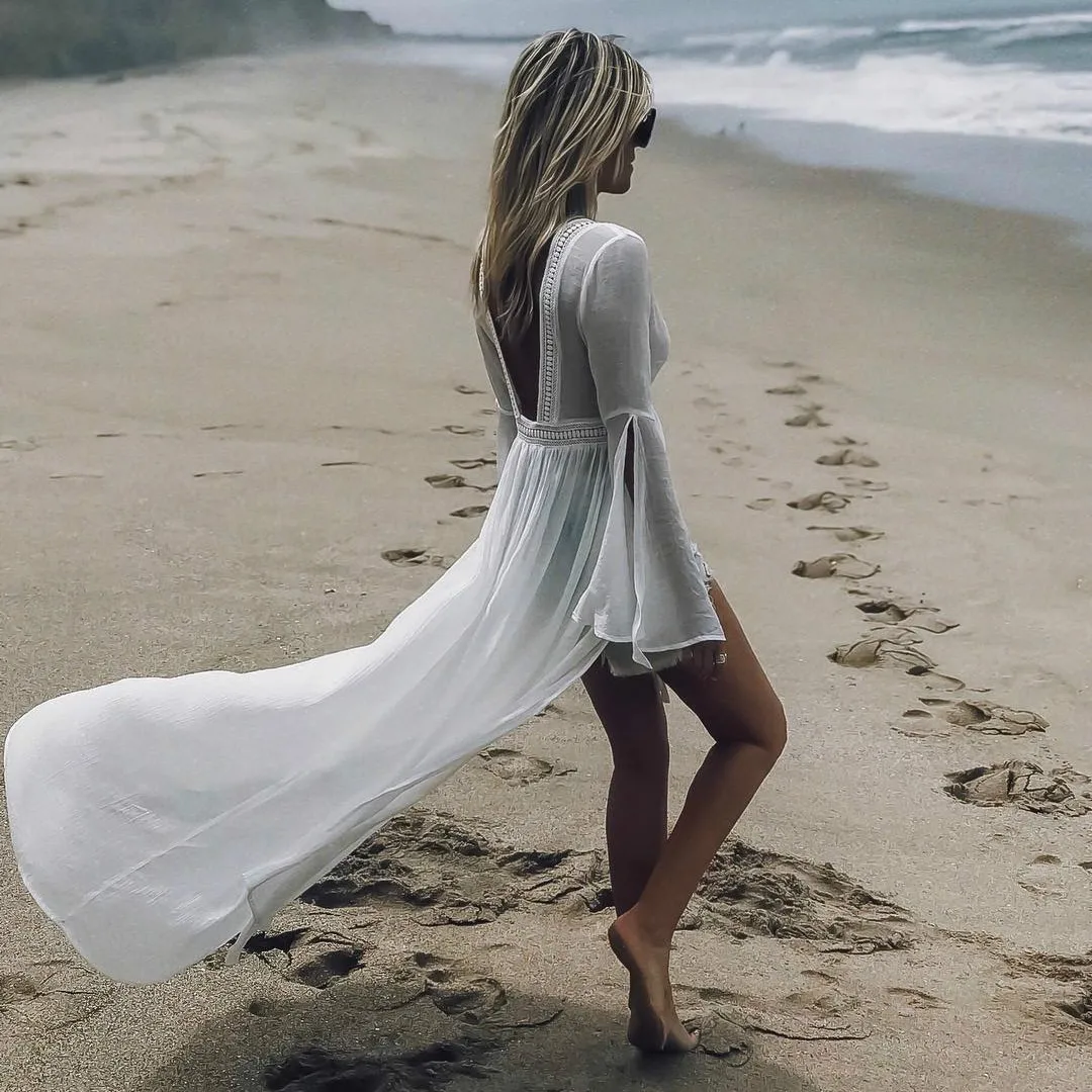 

2019 Summer Beach Long Dress Women's Long Sleeve Lace Backless Sexy Dresses Chiffon Cover-Ups Beachwear