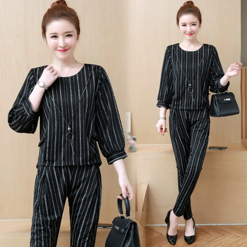 

Striped outfit tracksuit sportswear co-ord set for women 2 piece set pants suits and top 2019 black elegant vintage OL clothing
