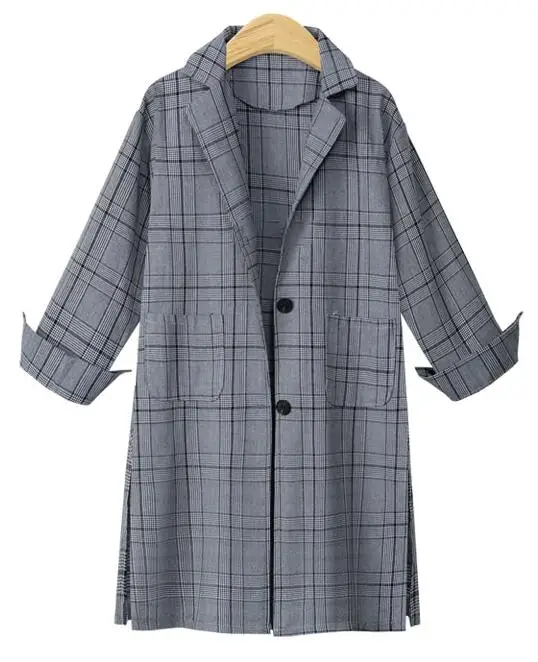 Осенне-зимнее клетчатое длинное пальто, женская одежда, однобортное пальто с карманами и отложным воротником, ветровка - Цвет: Серый