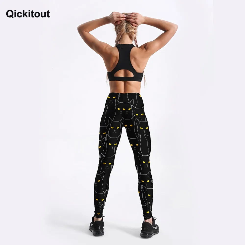 Qickitout, летние стильные женские леггинсы для фитнеса, черные, милые, с принтом кошек, леггинсы, тонкие, для тренировок, леггинсы, длина до щиколотки, штаны, S-4XL