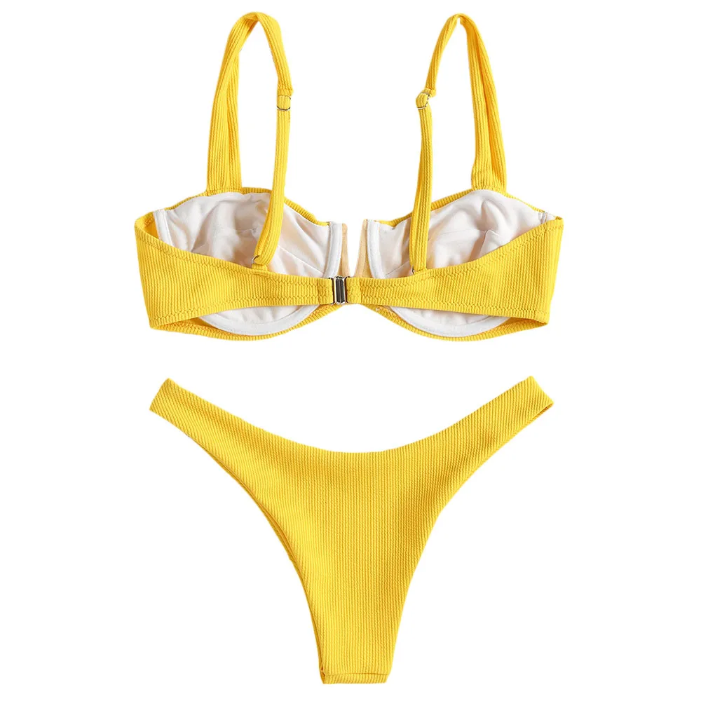 ZAFUL Ribbed Knit Underwire Bikini Push Up Swimwear Women Swimsuit Sexy Low Waist Straps Thong Bikini Set Bathing Suit Biquni