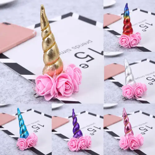 

The New and Hotsale Baby Girls Unicorn Hair Accessories Christmas Party Halloween One-horn Flower Hairpin Bows Flower Clips