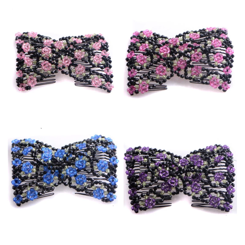 

12 Pieces/Lot Mixed Stretch Flower Bow Beaded Cuff Double Clip Hairpin Metal Magic Hair Comb For Women Hair Accessories Jewelry