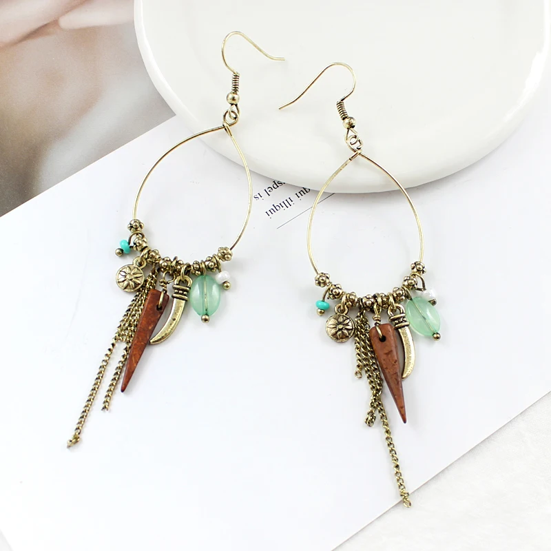 

Glamour Fashion Drop Pendant Earrings Bronze Coin Pearl Natural Stone Scythe Wood Ivory Tassel Earrings Vintage Bohemian Jewelry