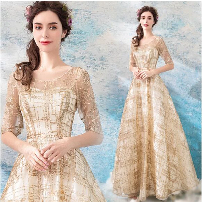 

Sexy Plus Size Half Sleeves Lace Up Golden Elegant Long Party Floor Length Mother Of the Bride Dresses Evening Dress 2019 X4