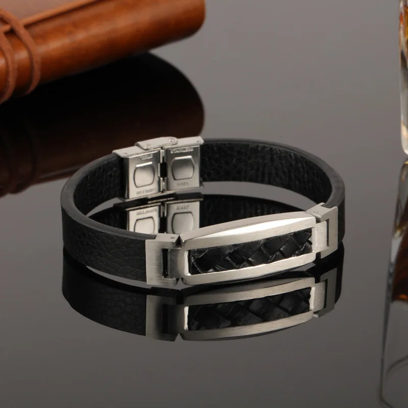 316L браслеты и браслеты из нержавеющей стали для мужчин, браслет из натуральной кожи, мужской металлический титановый браслет на запястье, ювелирное изделие высокого качества - Окраска металла: Silver
