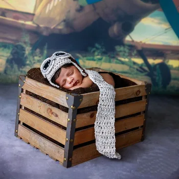 

free shipping, Newborn Aviator Hat, 3 Piece Set, Aviator, Goggles, Scarf, Brown, Ivory Tweed, Newborn Photo Prop 0-3MONTH