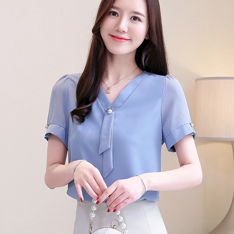 

Korean Fashion Chiffon Women Blouses Beading Short Sleeve Pink Women Shirts Plus Size Blusas Femininas Elegante Ladies Tops