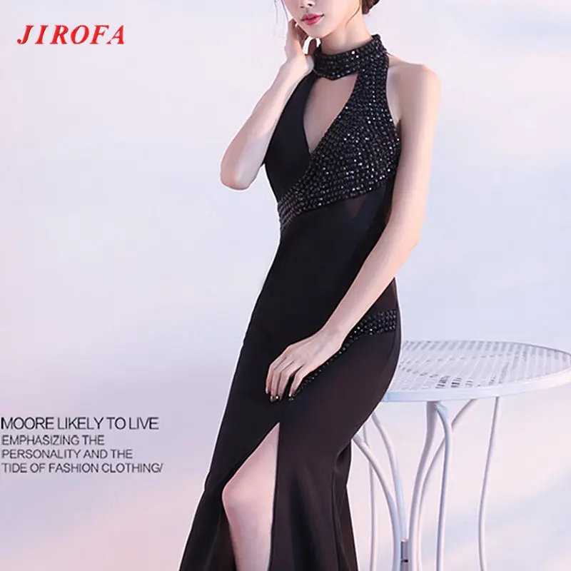 JIROFA Vestidos Verano, вечернее платье, труба, бисер, бодикон, Холтер, v-образный вырез, длинное, макси, сексуальное платье, вечерние, для ночного клуба, женское платье