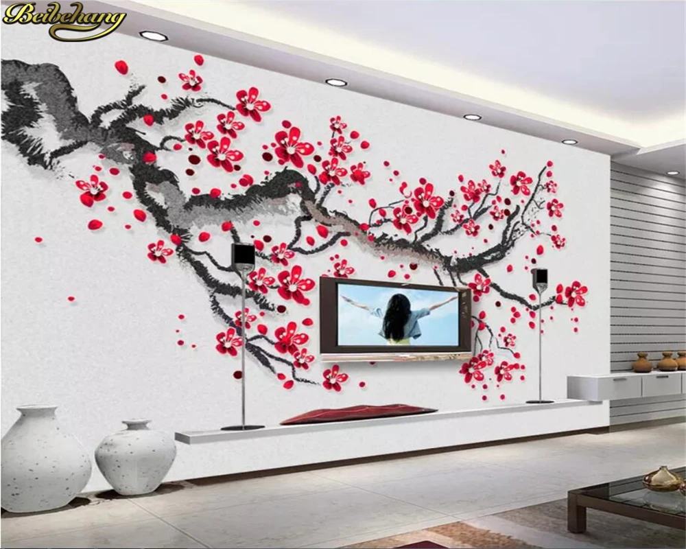 

beibehang Custom photo 3d wallpaper mural beautiful hand-painted plum red plum new Chinese TV background wall papers home decor