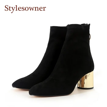 

Fashionable Designer Nude Bootie For Women Black Round Metal Heel Elegant Suede Leather Korean Style Bota Back Zipper Shoes