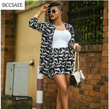 

Black And White Printed Two Piece Set Bike Shorts Sets For Women Work Wear Casual Outfits Cardigan Elegant Mono Mujer Fall Sexy