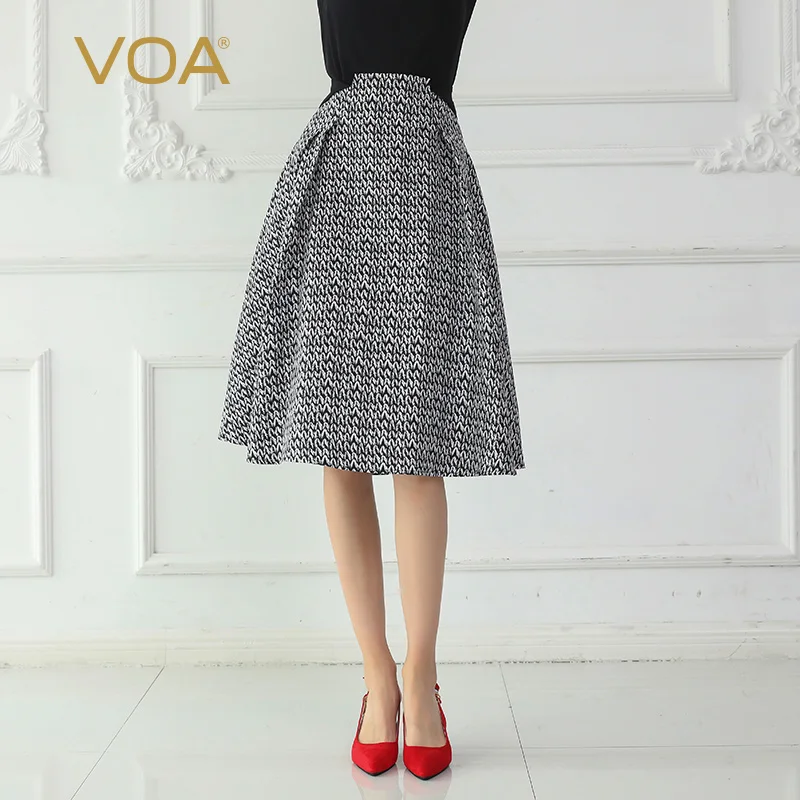 

VOA Black Houndstooth Plaid A Line Skirt 100% Silk Midi Skirts Women Summer High Waist jupe femme Vintage Korean Clothing C0611