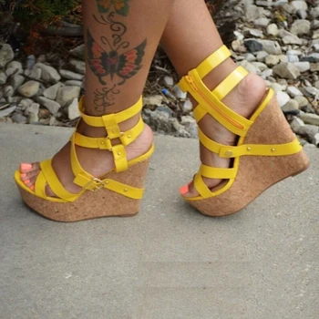 

Olomm Women Platform Gladiator Sandals Sexy Wedges High Heels Shoes Open Toe Yellow Red Party Shoes Women US Plus Size 5-15